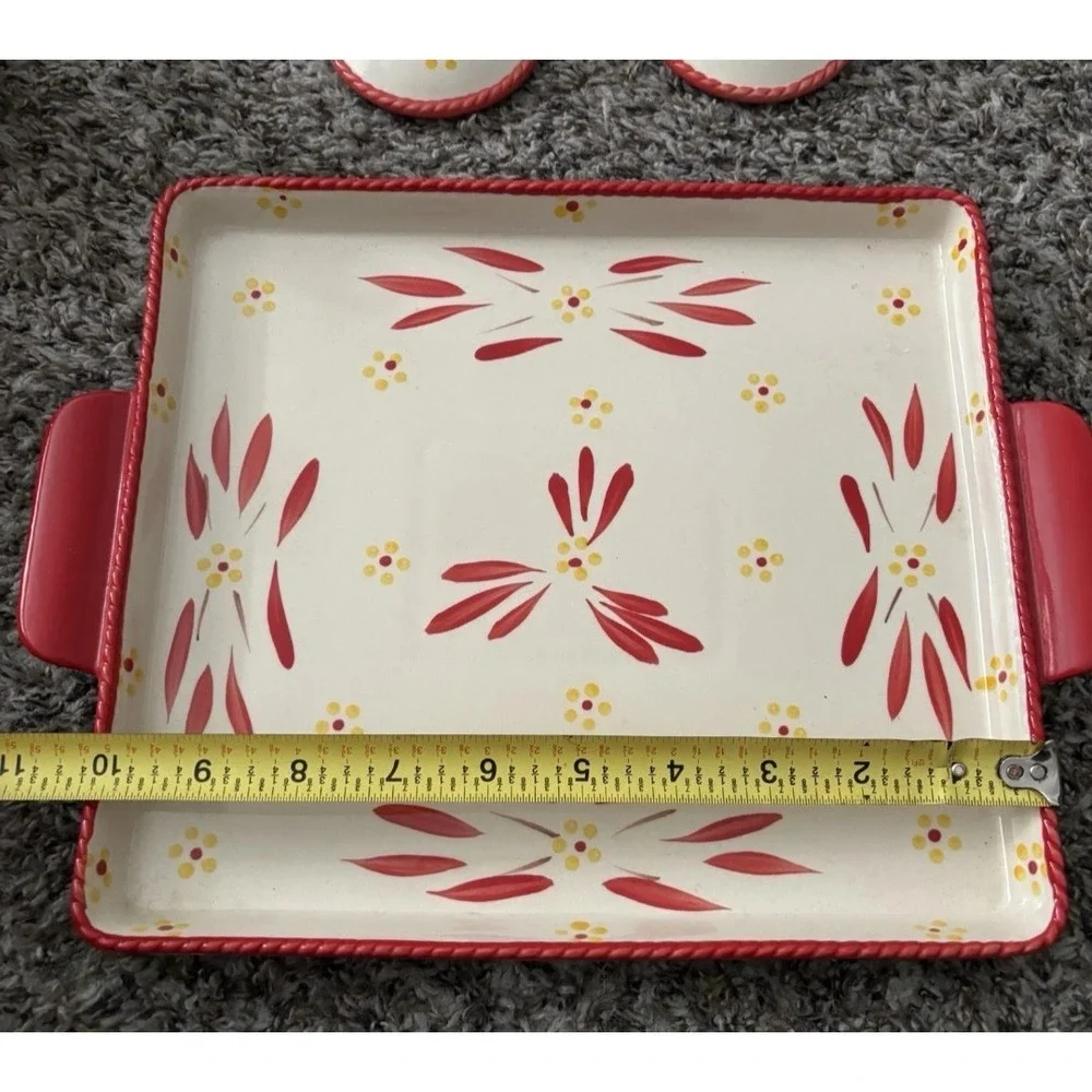 Temptations Old World‎ Red Hand Painted 4pc Soup + Sandwich Set Ceramic Dishes